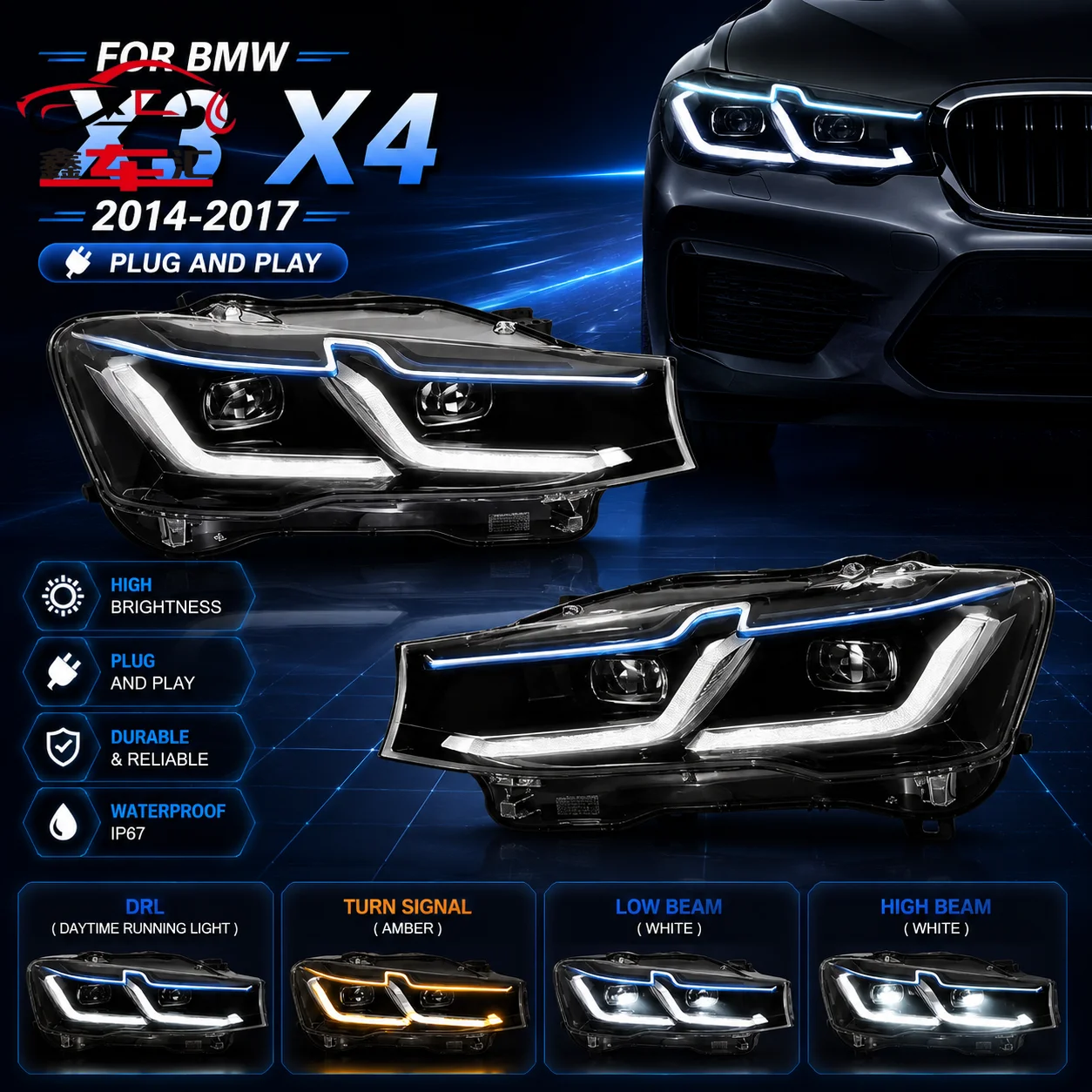 Car LED Headlight Light Parts For BMW X3 X4 F26 F25 2014-2017 Auto Fog DRL Brake Turn Signal Lamp Plug And Play
Car LED Headlight Light Parts For BMW X3 X4 F26 F25 2014-2017 Auto Fog DRL Brake Turn Signal Lamp Plug And Play