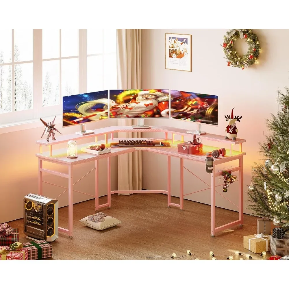 L Shaped Gaming Desk with LED Lights Power Outlets,51"Computer Desks Full Monitor Stand,Corner Cup Holder,Table with Hooks,Pink
L Shaped Gaming Desk with LED Lights Power Outlets,51"Computer Desks Full Monitor Stand,Corner Cup Holder,Table with Hooks,Pink