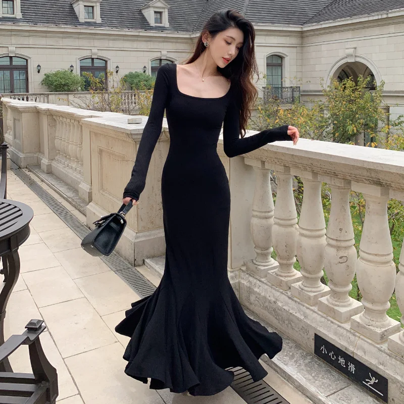 Floor-length Long Dresses Square Collar Long Sleeve Mermaid Solid Black Dress High Waist Slim Elegant and Pretty Women's Dresses
Floor-length Long Dresses Square Collar Long Sleeve Mermaid Solid Black Dress High Waist Slim Elegant and Pretty Women's Dresses