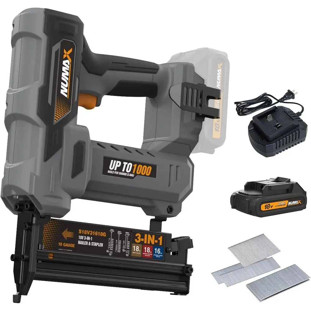 3-in-1 18V Nail Gun Kit: 2 16 & 18 Gauge Finish Nailer, Brad Nailer, Narrow Crown Staple Gun with Battery & Fasteners
3-in-1 18V Nail Gun Kit: 2 16 & 18 Gauge Finish Nailer, Brad Nailer, Narrow Crown Staple Gun with Battery & Fasteners
