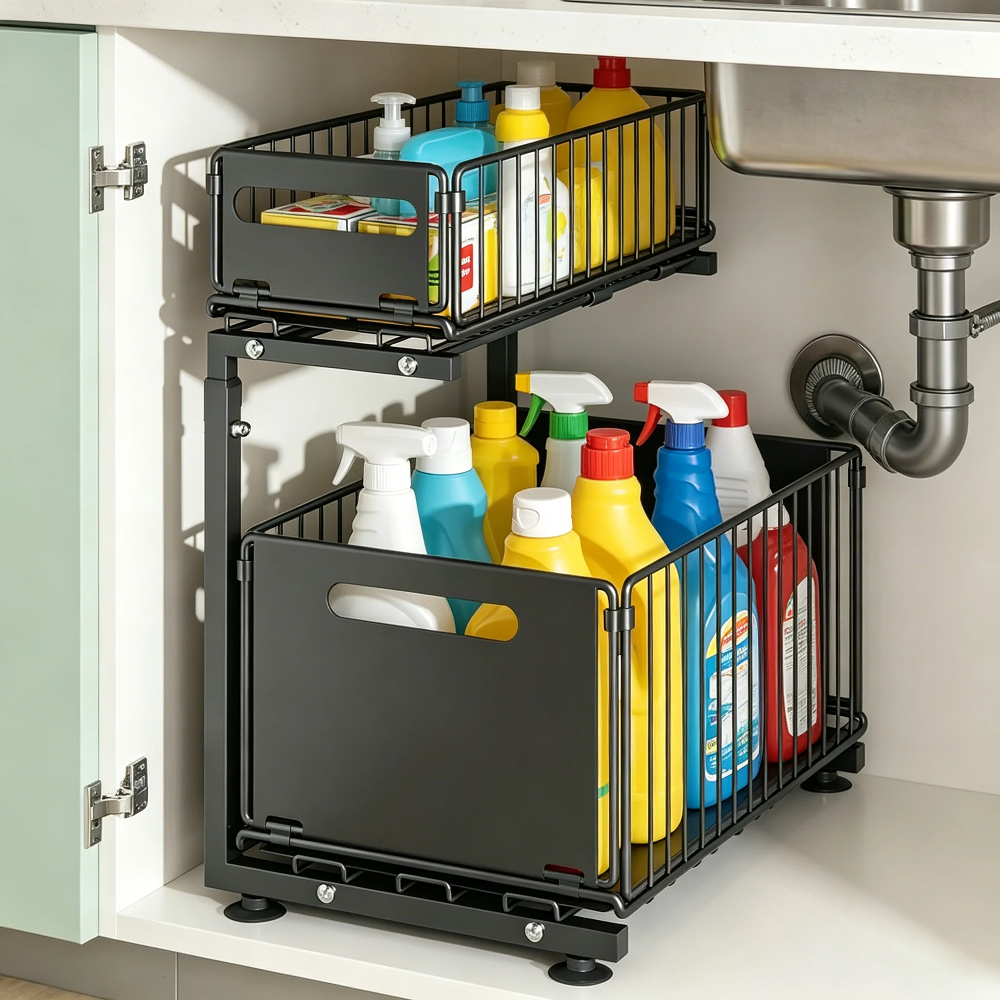 2 Tier Under Sink Organizer Carbon Steel Pull Out Cabinet Organizer Adjustable Height Spice Jar Storage Rack Slide Out Drawer
2 Tier Under Sink Organizer Carbon Steel Pull Out Cabinet Organizer Adjustable Height Spice Jar Storage Rack Slide Out Drawer