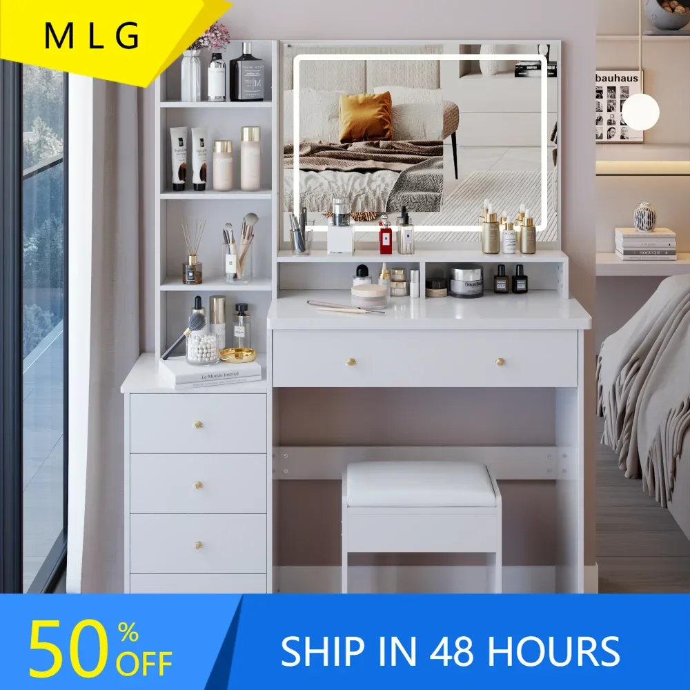 Makeup Vanity Desk with Large Mirror and Lights,Charging Station,5 Drawers&Hair Dryer Holder,Storage Shelves and Cushioned Stool
Makeup Vanity Desk with Large Mirror and Lights,Charging Station,5 Drawers&Hair Dryer Holder,Storage Shelves and Cushioned Stool