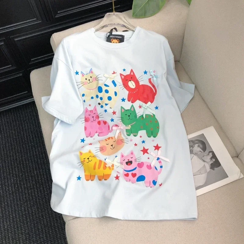 Age Reduction Versatile Dancing Cartoon Cat Print T Shirt Casual Bow Crew Neck Short Sleeves T-Shirt Pullover Y2k Clothes Ladies
Age Reduction Versatile Dancing Cartoon Cat Print T Shirt Casual Bow Crew Neck Short Sleeves T-Shirt Pullover Y2k Clothes Ladies