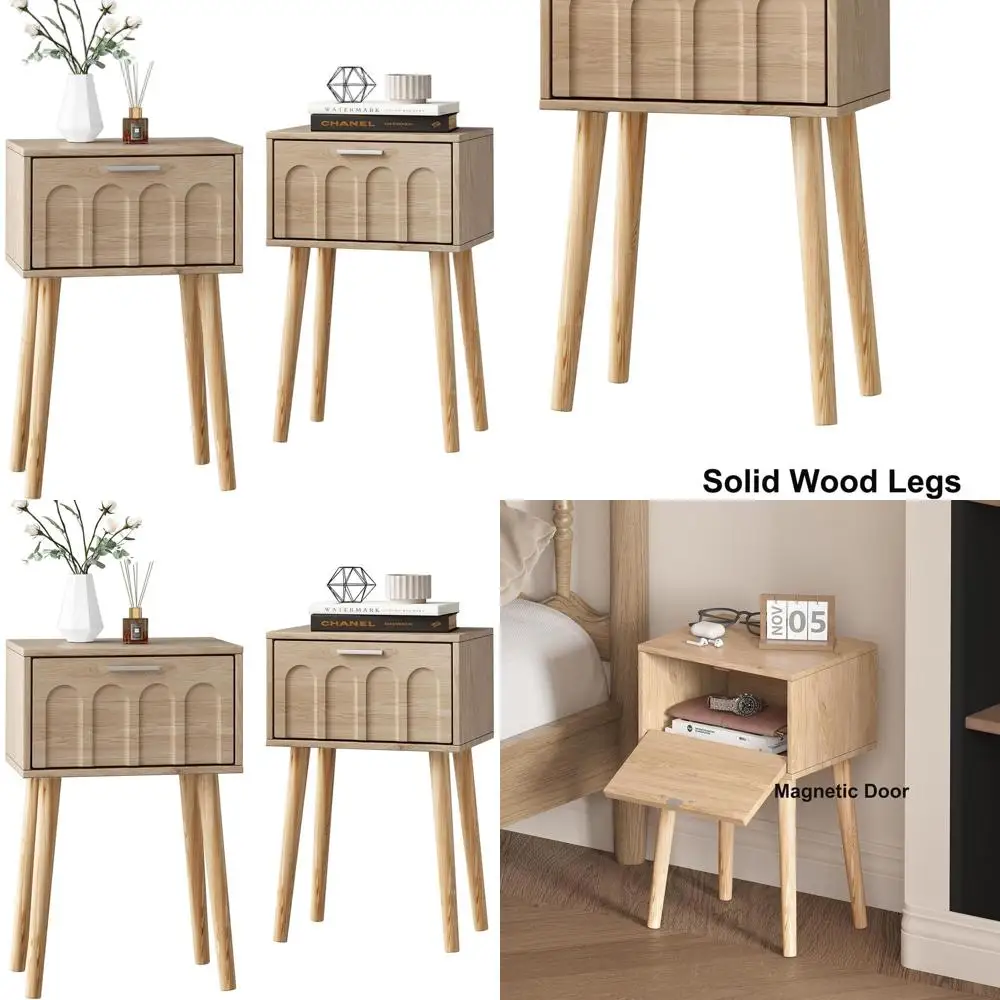 Pair of Compact Mid-Century Nightstands with Arched Doors, Wooden Legs, for Small Bedroom Spaces in Natural Finish
Pair of Compact Mid-Century Nightstands with Arched Doors, Wooden Legs, for Small Bedroom Spaces in Natural Finish