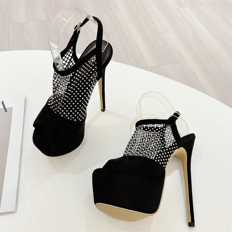 Women's Peep Toe Fish Mouth Suede Rhinestone Mesh Slingback Super High Platform Stiletto Heel Sandals Nightclub Party Footwear
Women's Peep Toe Fish Mouth Suede Rhinestone Mesh Slingback Super High Platform Stiletto Heel Sandals Nightclub Party Footwear