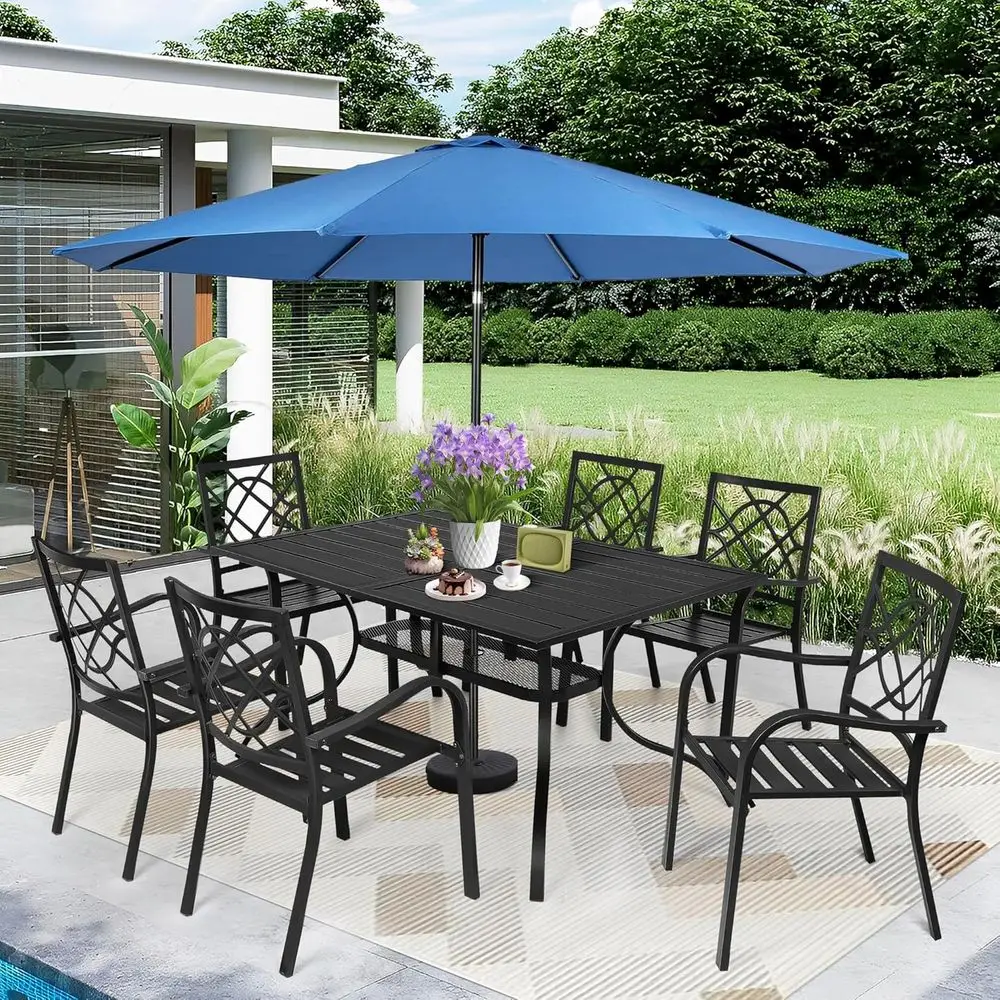 8-Piece Outdoor Wrought Iron Patio Dining Set - 6 Stackable Chairs, Steel Slat Table, Blue Patio Umbrella
8-Piece Outdoor Wrought Iron Patio Dining Set - 6 Stackable Chairs, Steel Slat Table, Blue Patio Umbrella