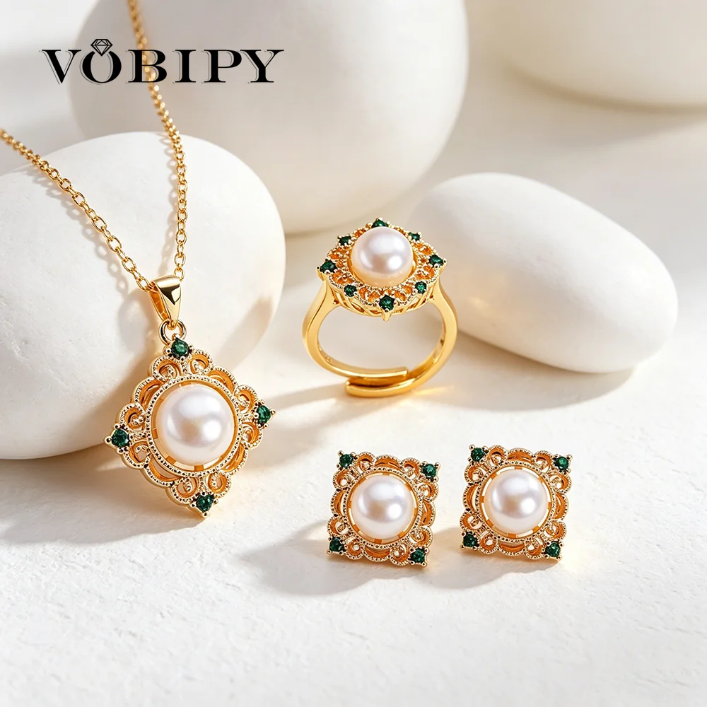 VOBIPY 8mm Pearl Zirconia Jewelry Set For Women Natural Freshwater Pearl Necklace Earrings Ring Sets Wedding Party Fashion Gift
VOBIPY 8mm Pearl Zirconia Jewelry Set For Women Natural Freshwater Pearl Necklace Earrings Ring Sets Wedding Party Fashion Gift