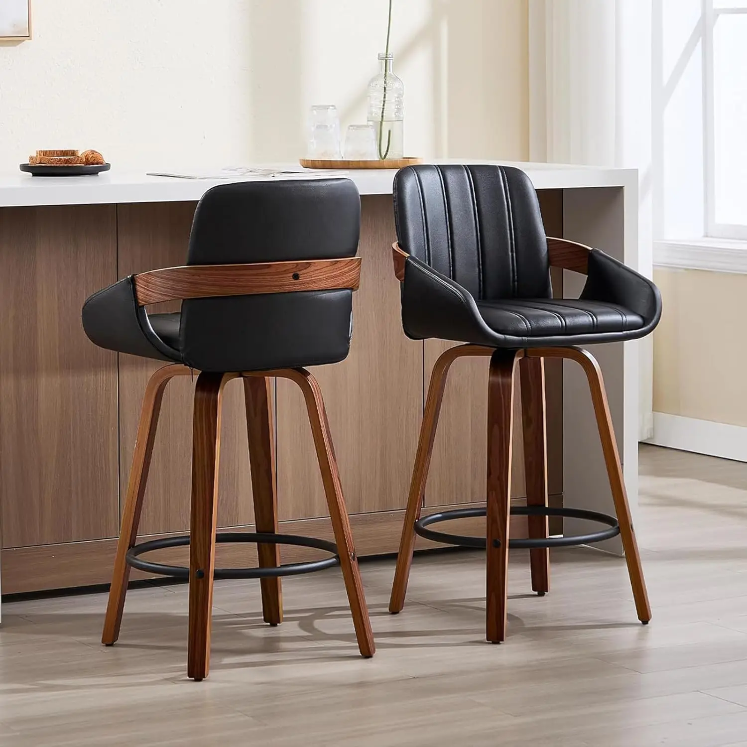 26in Counter Height Swivel Bar Stools Set Of 2 With Back Arms Faux Leather Walnut Frame Kitchen Island Black Customized
26in Counter Height Swivel Bar Stools Set Of 2 With Back Arms Faux Leather Walnut Frame Kitchen Island Black Customized