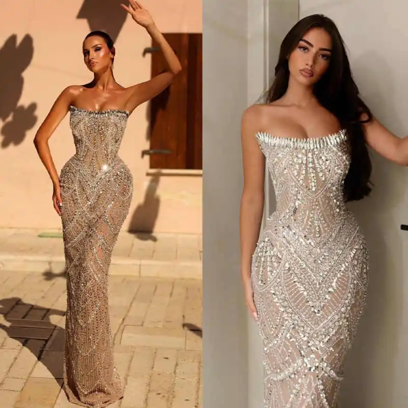 Luxury Diamond Mermaid Dresses Shiny Crystal Sequin Beading Strapless Bandage Back Prom Dress Customized Formal Vestidos
Luxury Diamond Mermaid Dresses Shiny Crystal Sequin Beading Strapless Bandage Back Prom Dress Customized Formal Vestidos
