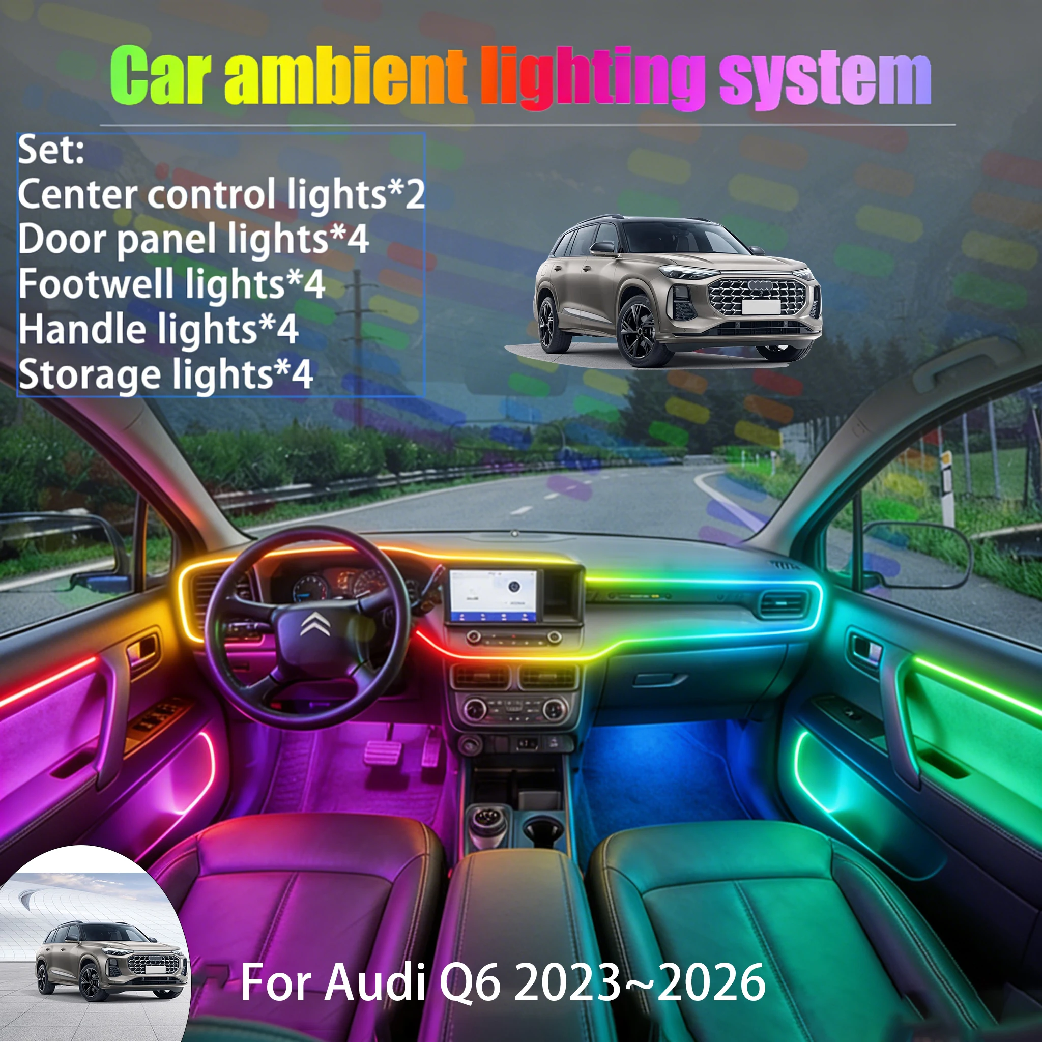 Для Audi Q6 2023~2026: Комплект светодиодной подсветки салона и багажника 2/18 в 1, USB RGB, с эффектом бегущих огней, аксессуары
Для Audi Q6 2023~2026: Комплект светодиодной подсветки салона и багажника 2/18 в 1, USB RGB, с эффектом бегущих огней, аксессуары