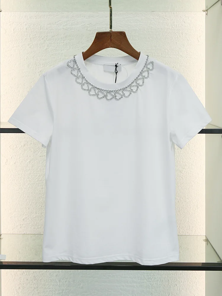 Women's T-shirt Solid O-neck Heart Shaped Diamond Decoration Summer New Ladies Cotton Short Sleeve Tees Tops
Women's T-shirt Solid O-neck Heart Shaped Diamond Decoration Summer New Ladies Cotton Short Sleeve Tees Tops