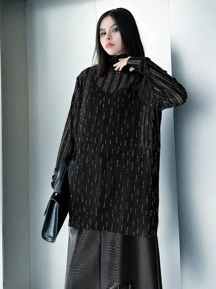 Women Black Rhinestones Lace Big Size Thin T-shirt New Turtleneck Long Sleeve Fashion Tide Spring Autumn
Women Black Rhinestones Lace Big Size Thin T-shirt New Turtleneck Long Sleeve Fashion Tide Spring Autumn