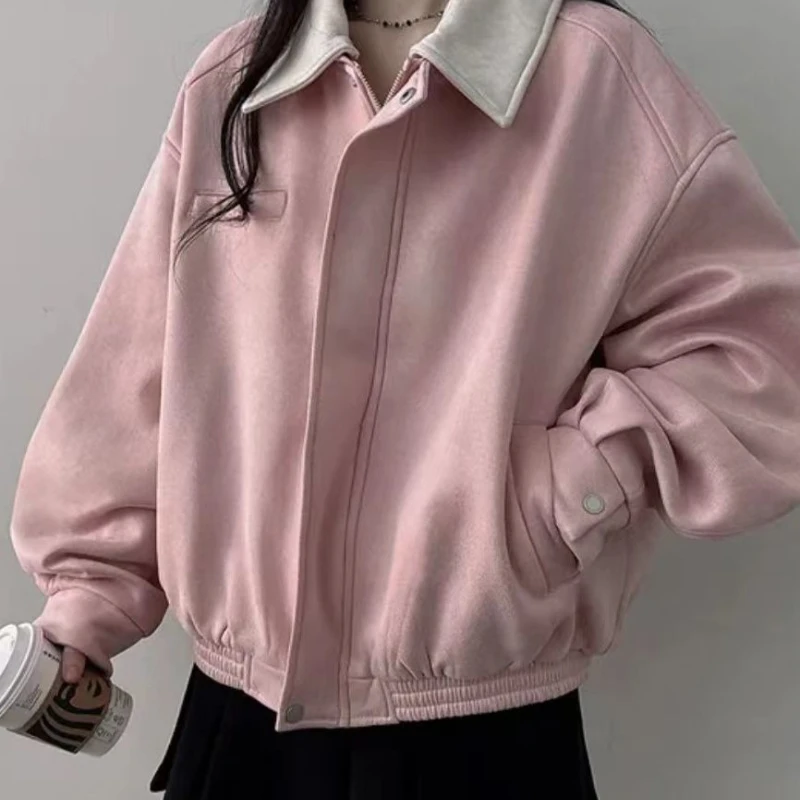 Autumn and Winter Long Sleeved Lazy Style Jacket, Women's Contrasting Color Lapel Loose Casual Baseball Jacket
Autumn and Winter Long Sleeved Lazy Style Jacket, Women's Contrasting Color Lapel Loose Casual Baseball Jacket