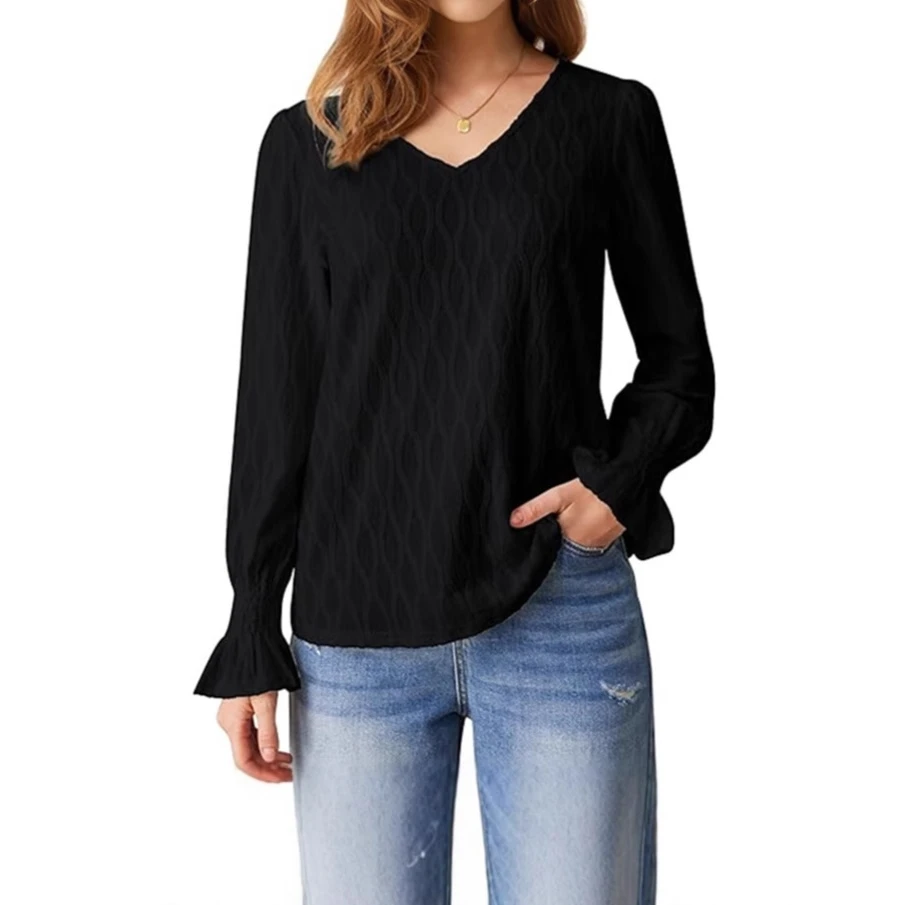 Модная цветная футболка с V-образным вырезом и длинными рукавами, женский пуловер с круглым вырезом, из полиэстера, с рукавами-колокол.
Модная цветная футболка с V-образным вырезом и длинными рукавами, женский пуловер с круглым вырезом, из полиэстера, с рукавами-колокол.