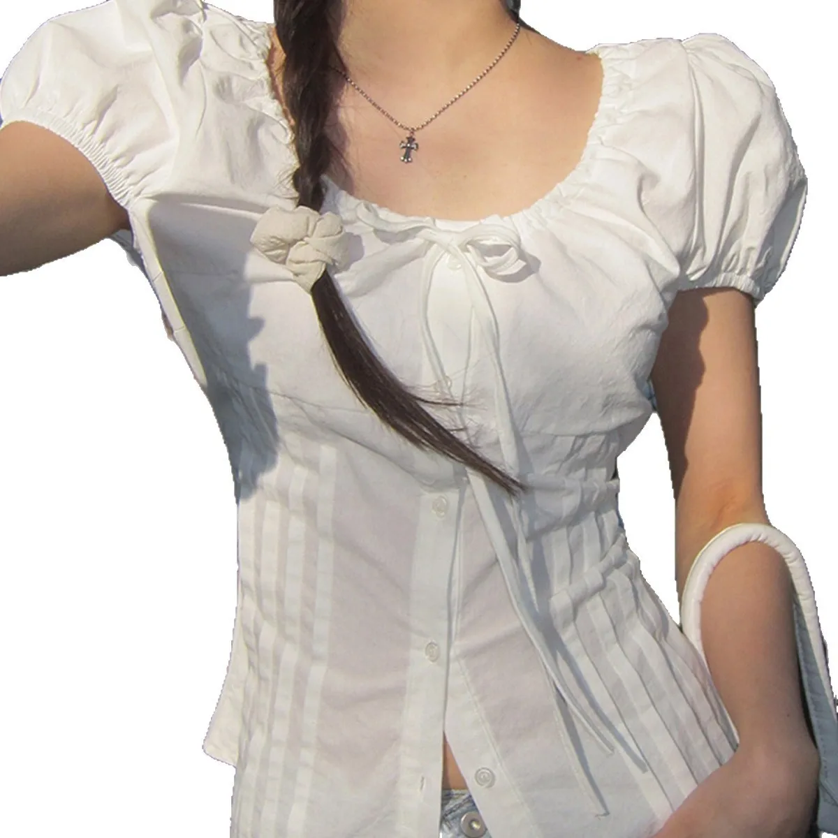 Women Blouse Solid Color White Blouses Short Sleeve U Neck Puff Sleeve Top Tie Front Ruched Waist Cross Tie Shirt For Woman
Women Blouse Solid Color White Blouses Short Sleeve U Neck Puff Sleeve Top Tie Front Ruched Waist Cross Tie Shirt For Woman