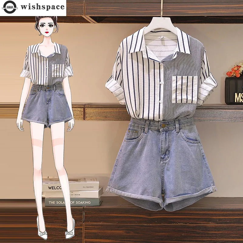 2022 Summer New Elegant Women's Shorts Set Fashion Stripe Chiffon Shirt Denim Shorts Two Piece Sets Womens Outifits Trouser Suit
2022 Summer New Elegant Women's Shorts Set Fashion Stripe Chiffon Shirt Denim Shorts Two Piece Sets Womens Outifits Trouser Suit