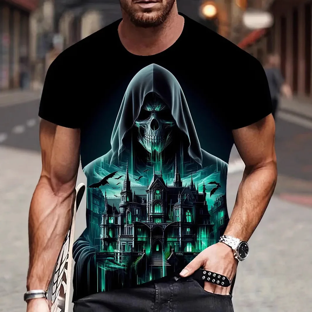 Hot selling trendy creative versatile skeleton castle series 3D printed short sleeved men's casual round neck T-shirt
Hot selling trendy creative versatile skeleton castle series 3D printed short sleeved men's casual round neck T-shirt