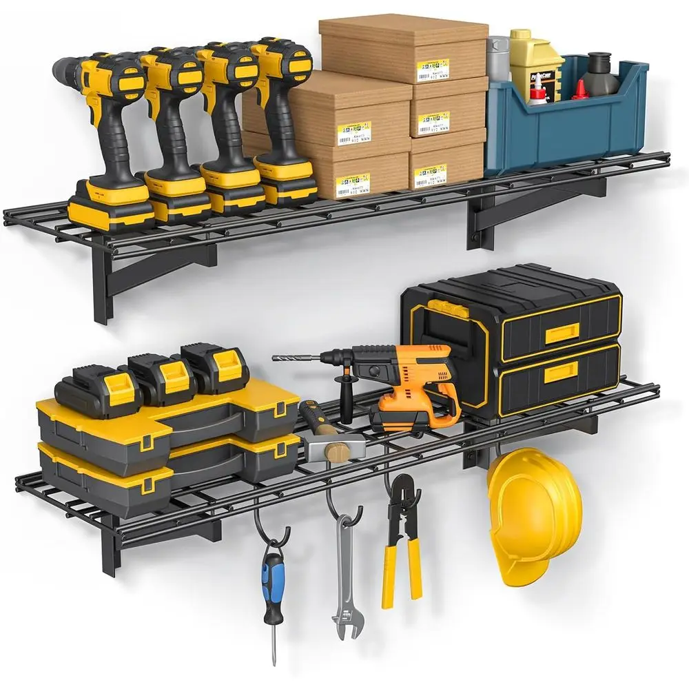 2-Pack Wall-Mounted Heavy Duty Garage Storage Shelves with Hooks, 700lbs Capacity for Garage, Workshop, Warehouse
2-Pack Wall-Mounted Heavy Duty Garage Storage Shelves with Hooks, 700lbs Capacity for Garage, Workshop, Warehouse
