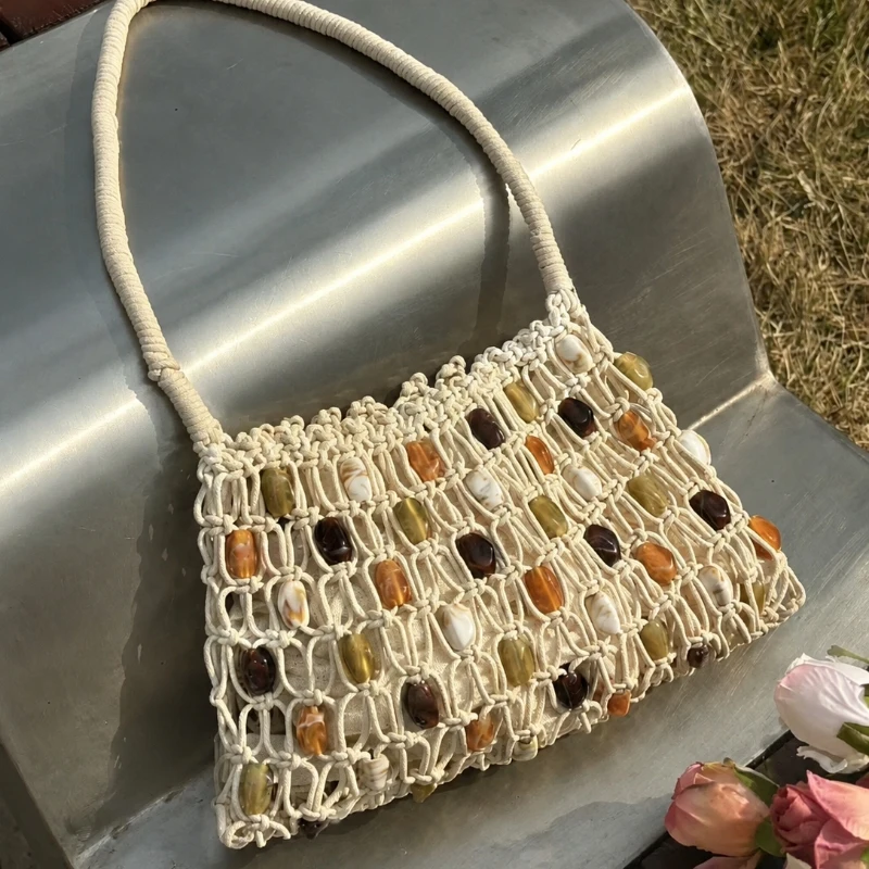 Summer Vacation Underarm Bag Bohemian Folk Style Mesh Shoulder Bag, Vintage Beaded Drawstring Bucket Bag, Hollow Woven Handbag
Summer Vacation Underarm Bag Bohemian Folk Style Mesh Shoulder Bag, Vintage Beaded Drawstring Bucket Bag, Hollow Woven Handbag