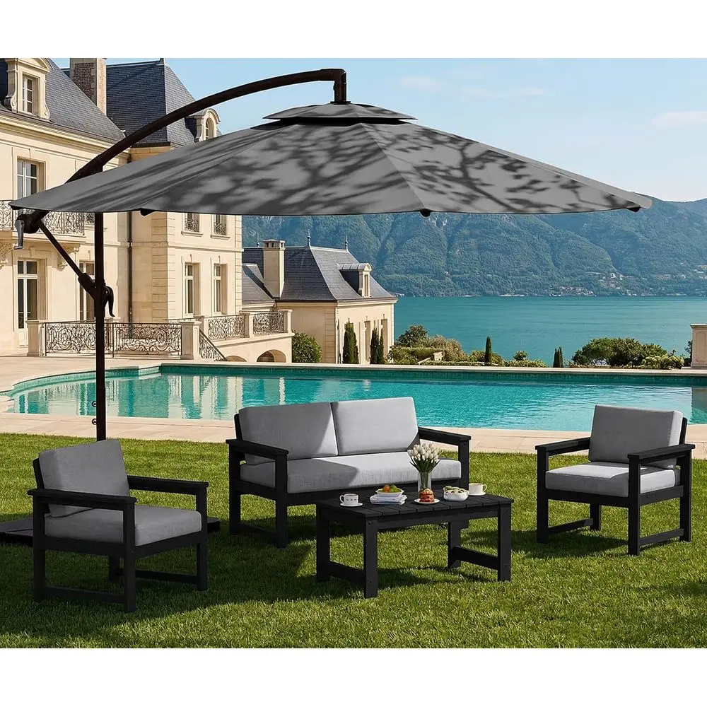 All-Weather HDPE Outdoor Sofa Set with 10-Foot Patio Umbrella and Coffee Table, Black Frame with Grey Cushions
All-Weather HDPE Outdoor Sofa Set with 10-Foot Patio Umbrella and Coffee Table, Black Frame with Grey Cushions
