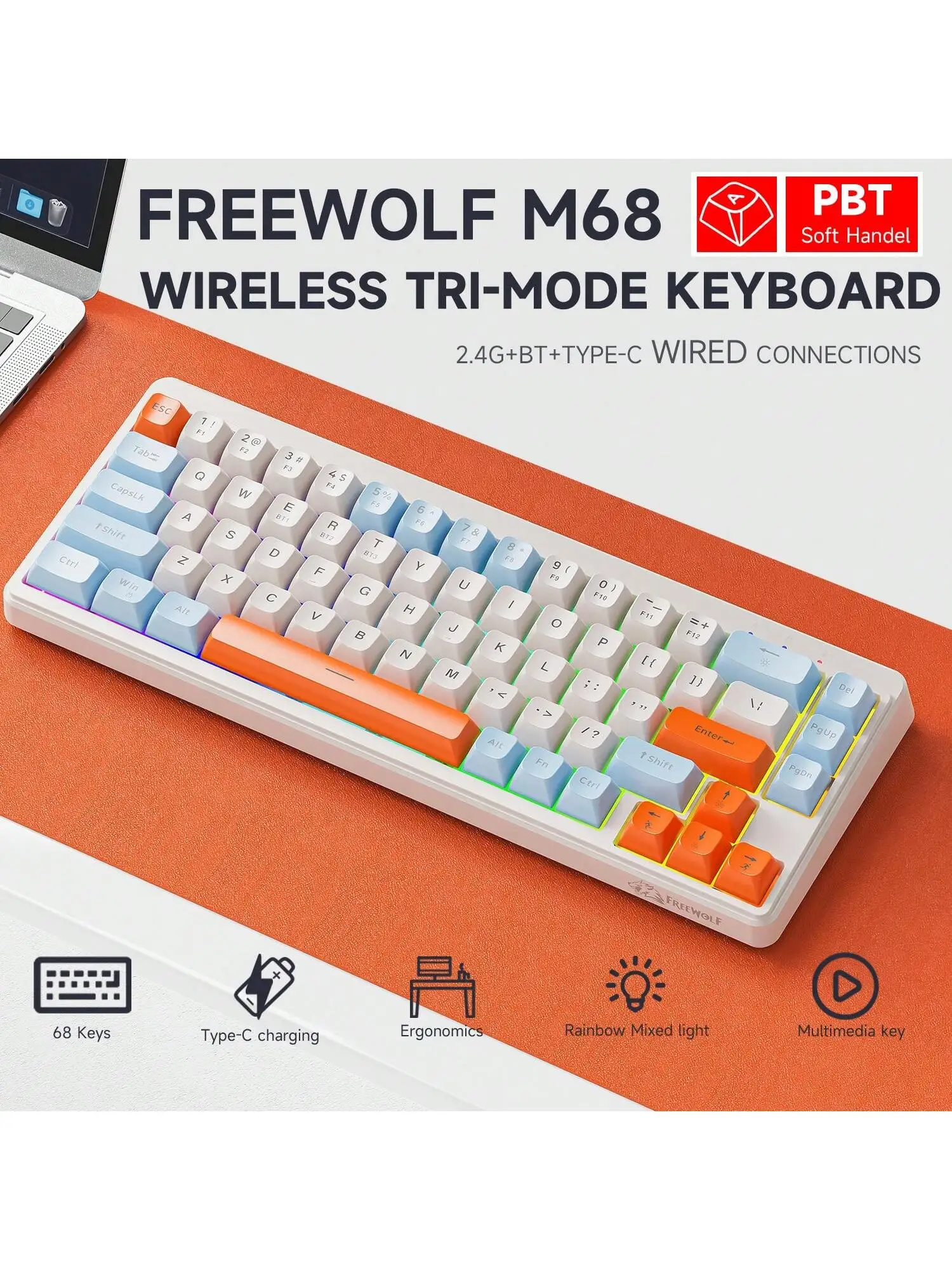 FREEWOLF M68 Wireless Bluetooth Tri-mode Keyboard with RGB Rainbow Mixed Lighting,PBT Keycaps,Dual System Switching and 2000mAh
FREEWOLF M68 Wireless Bluetooth Tri-mode Keyboard with RGB Rainbow Mixed Lighting,PBT Keycaps,Dual System Switching and 2000mAh