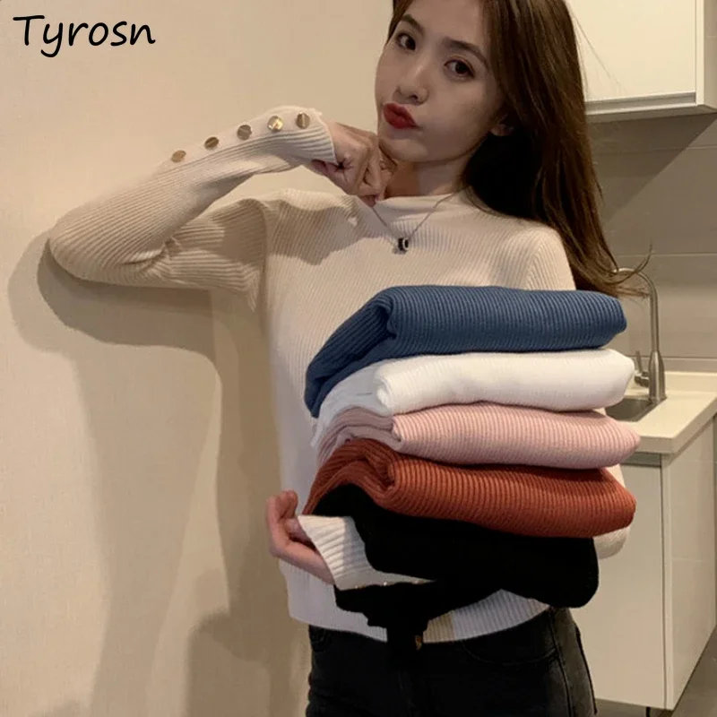 Women Sweaters Half High Collar Fashion Slim Basic Tricot Femme Button Design Solid Elegant Ulzzang All-match Vintage Streetwear
Women Sweaters Half High Collar Fashion Slim Basic Tricot Femme Button Design Solid Elegant Ulzzang All-match Vintage Streetwear