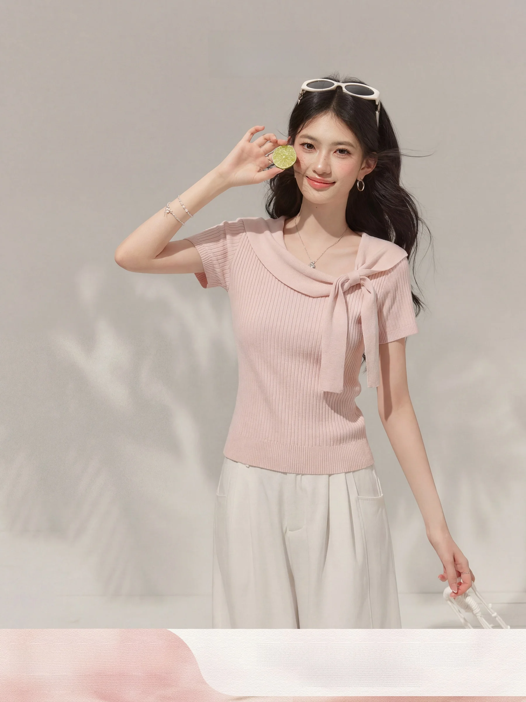 Morning Fog Knitted Short Sleeve T-Shirt Women's Knot Turn-down Collar Summer Pink Casual Slim Fit Knitted Top
Morning Fog Knitted Short Sleeve T-Shirt Women's Knot Turn-down Collar Summer Pink Casual Slim Fit Knitted Top