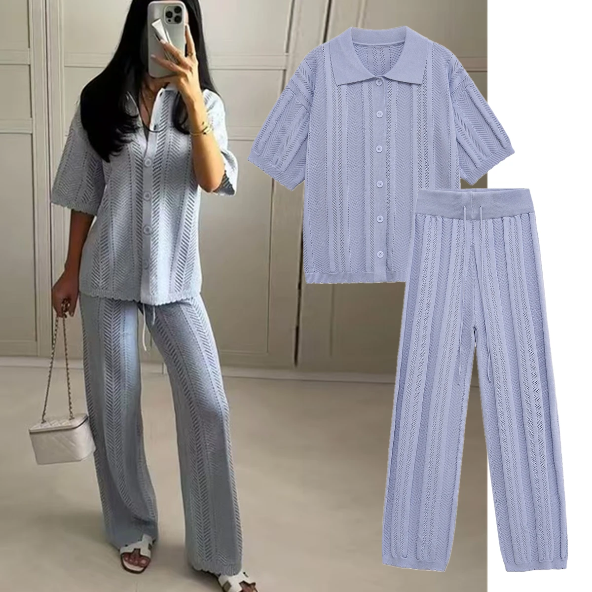 Jenny&Dave French Lazy Embroidery Leisure Suit Minimalist Lace Hollow Knitted Short-sleeved T-shirt Straight Pants Sets Women
Jenny&Dave French Lazy Embroidery Leisure Suit Minimalist Lace Hollow Knitted Short-sleeved T-shirt Straight Pants Sets Women