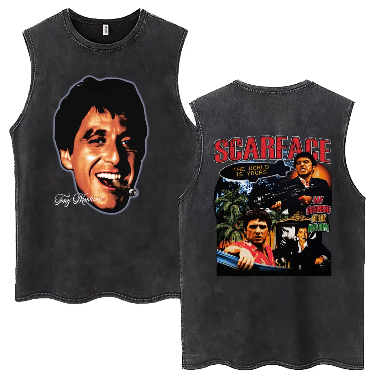 Classic Gangsters Movie Scarface Vintage Washed Tank Tops Tony Montana Al Pacino Sleeveless T Shirt Men's Casual Cotton T-shirts
Classic Gangsters Movie Scarface Vintage Washed Tank Tops Tony Montana Al Pacino Sleeveless T Shirt Men's Casual Cotton T-shirts