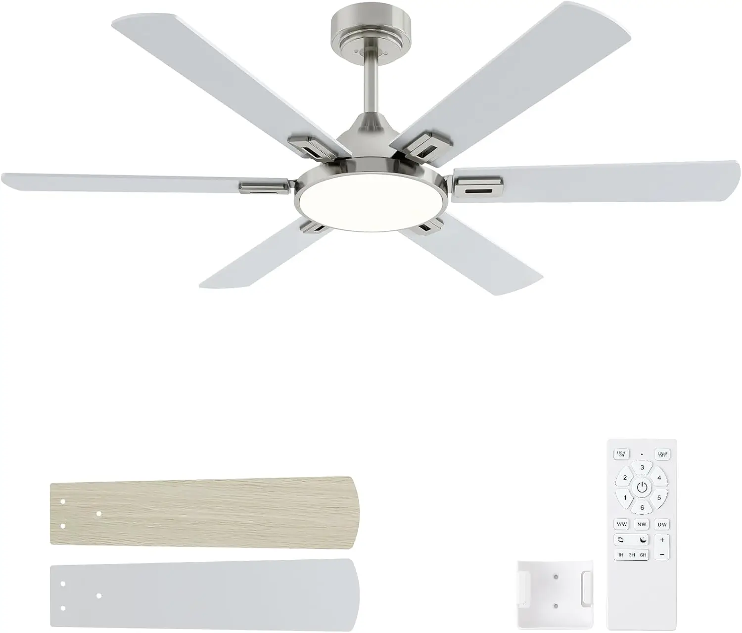 52" Ceiling Fan with Lights, 6 Wood Blades, Remote, Dimmable 3CCT LED, Reversible DC Motor, Quiet
52" Ceiling Fan with Lights, 6 Wood Blades, Remote, Dimmable 3CCT LED, Reversible DC Motor, Quiet