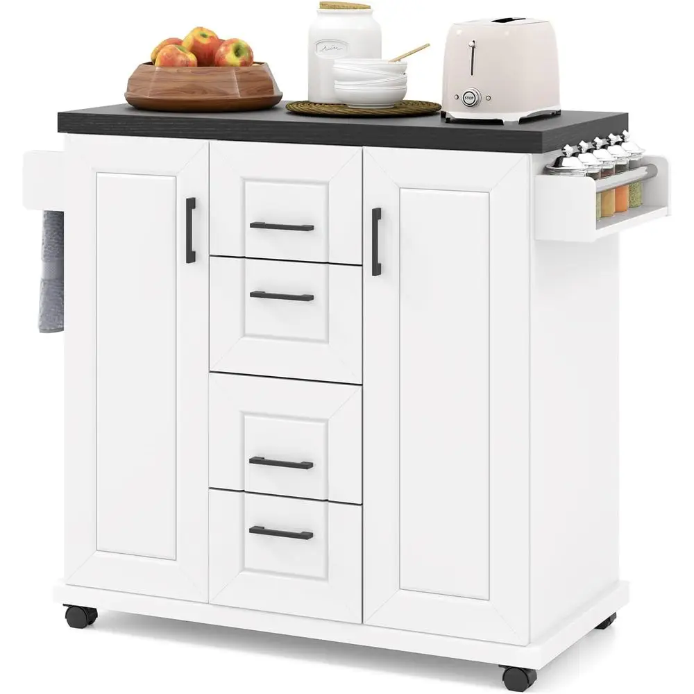 Rolling Kitchen Island with Storage, 4 Drawers, Door Cabinet, Shelves, Spice Rack, Towel Bar, Lockable Wheels, White
Rolling Kitchen Island with Storage, 4 Drawers, Door Cabinet, Shelves, Spice Rack, Towel Bar, Lockable Wheels, White