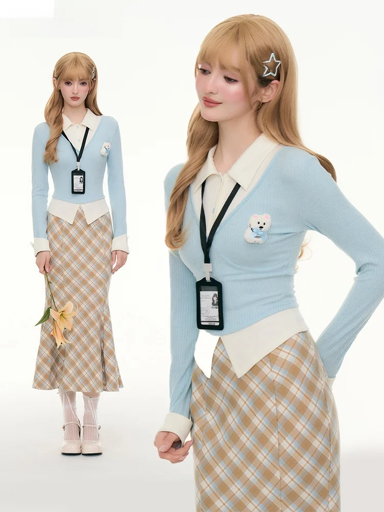 Синий клетчатый комплект с юбкой Fi Tail с высокой талией, женский вязаный топ и юбка, осенний комплект Faion College Sle irt
Синий клетчатый комплект с юбкой Fi Tail с высокой талией, женский вязаный топ и юбка, осенний комплект Faion College Sle irt