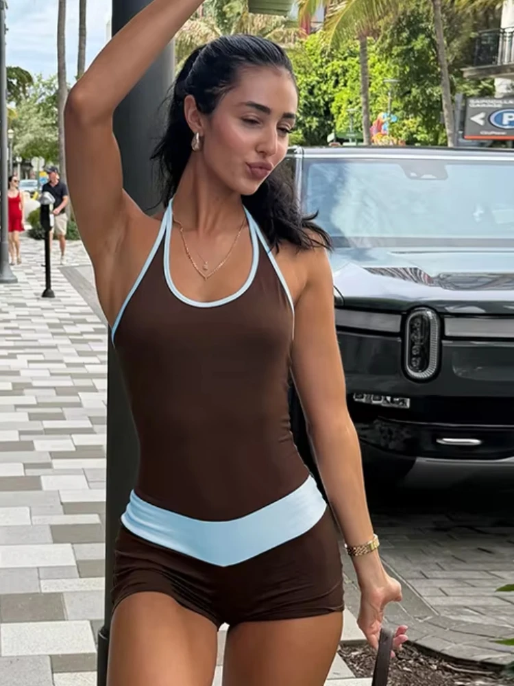 Nibber Sproty Style Romper Women Color Blocking Sexy Fashion Halter Bandages Backless Sleeveless Simple Trend Street Playsuits
Nibber Sproty Style Romper Women Color Blocking Sexy Fashion Halter Bandages Backless Sleeveless Simple Trend Street Playsuits