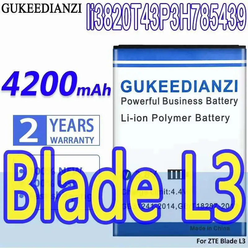 High Compatibility Mobile Phone Battery 4200mAh For Zte Blade L3 Premium Replacement li3820T43P3H785439
High Compatibility Mobile Phone Battery 4200mAh For Zte Blade L3 Premium Replacement li3820T43P3H785439