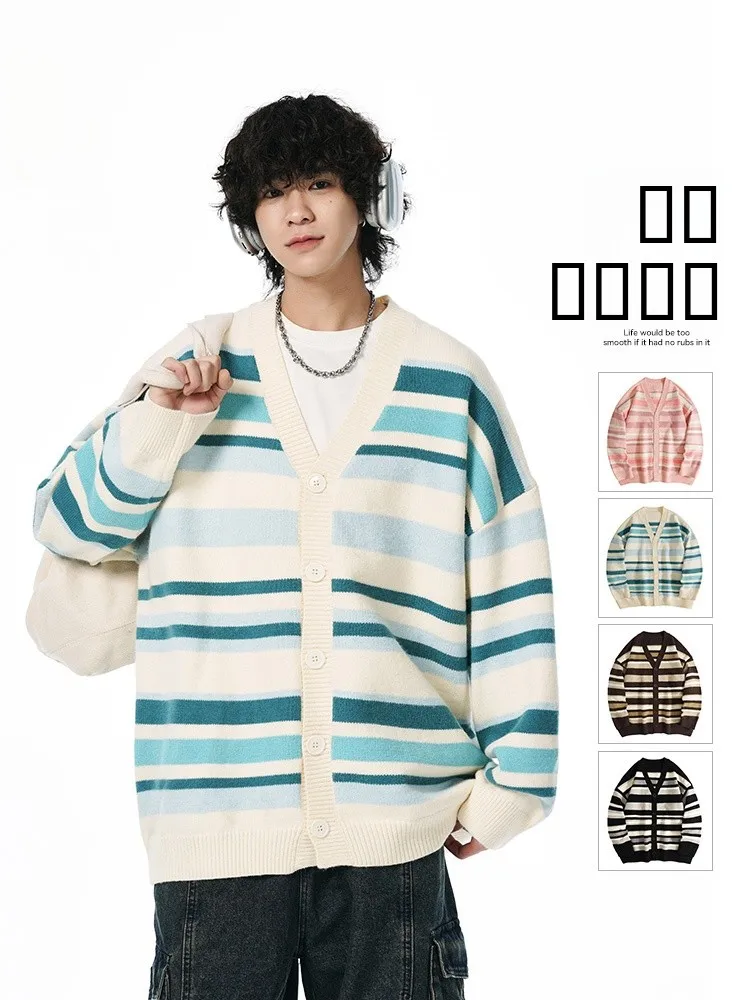Вязаный кардиган Rampo в полоску, свободного кроя, унисекс, для пар, зимний, утепленный, с длинными рукавами, V-образный вырез, модный
Вязаный кардиган Rampo в полоску, свободного кроя, унисекс, для пар, зимний, утепленный, с длинными рукавами, V-образный вырез, модный