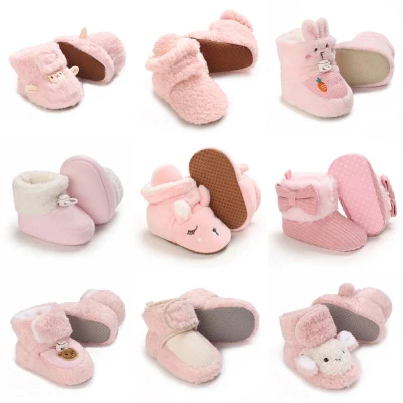 Зимние милые теплые розовые плюшевые сапоги с героями мультфильмов для маленьких мальчиков и девочек на удобной мягкой подошве, подходящие для новорожденных в возрасте от 0 до 18 лет