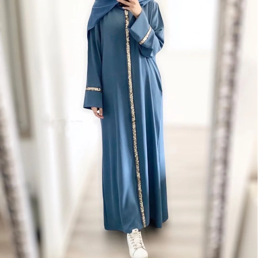 New South East Asia Cross-border Muslim Women's Robe Splicing Trimmed Sequin Dress Solid Color Chiffon Robe Muslim Fashion
New South East Asia Cross-border Muslim Women's Robe Splicing Trimmed Sequin Dress Solid Color Chiffon Robe Muslim Fashion