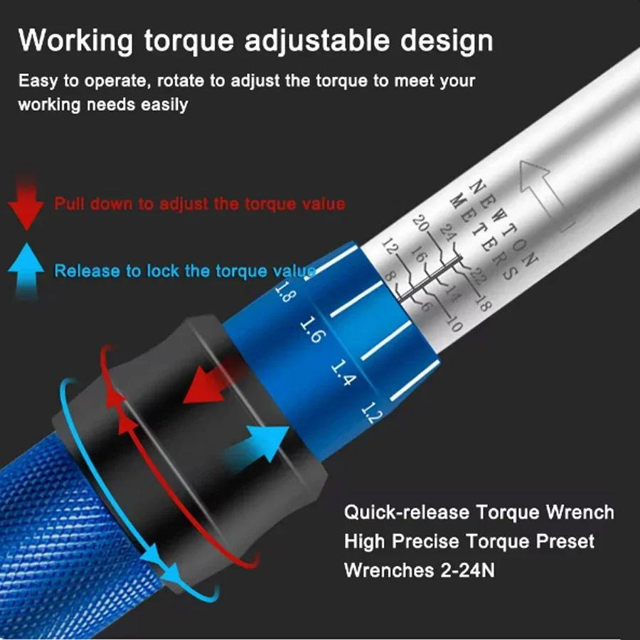 Adjustable 1/4inch Ratchet WrenchQuick-release Torque Wrench Repairing Tool High Precise Torque Preset Wrenches 2-24N.m Torque
Adjustable 1/4inch Ratchet WrenchQuick-release Torque Wrench Repairing Tool High Precise Torque Preset Wrenches 2-24N.m Torque