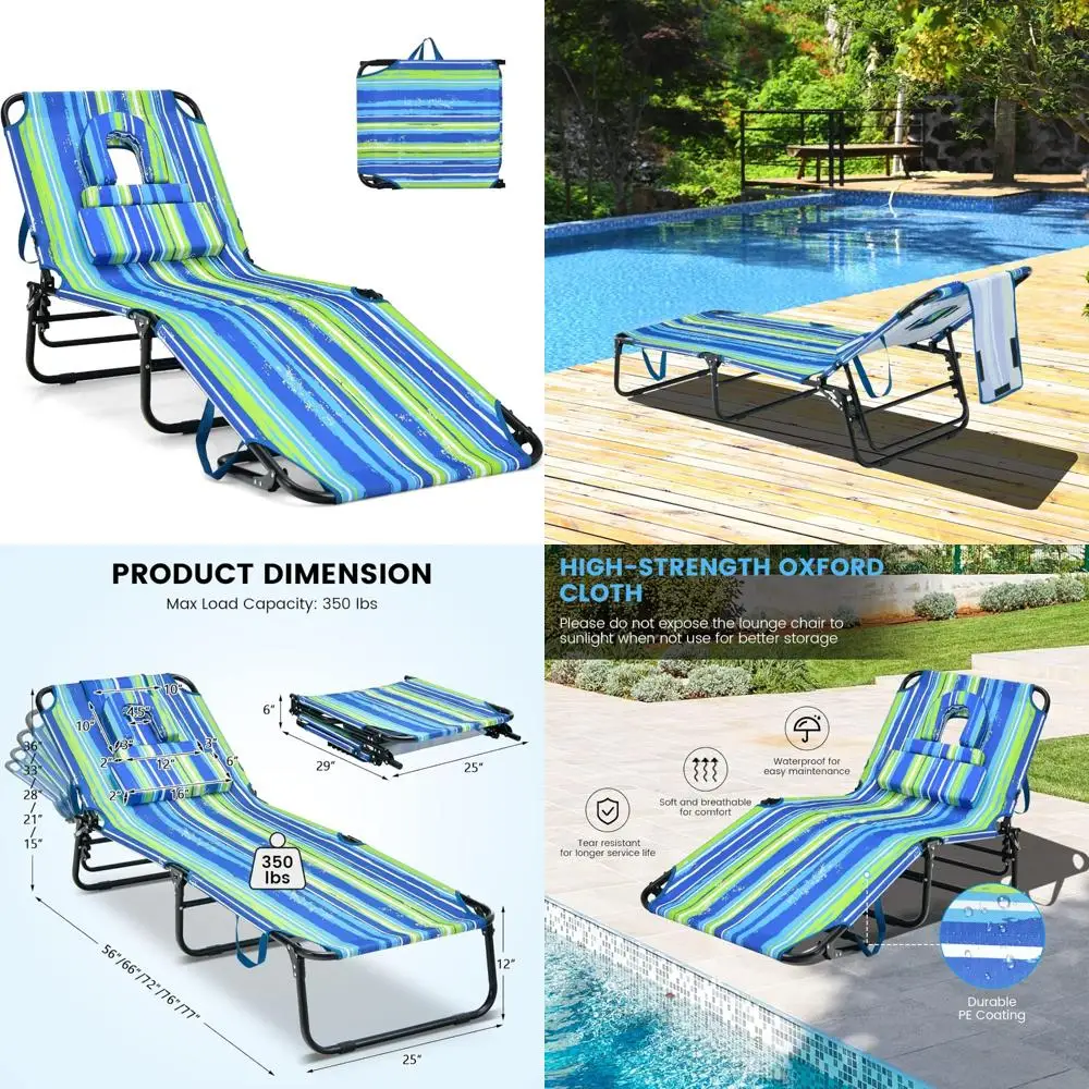 Adjustable Folding Chaise Lounge Chair with Face Hole, 350lbs Capacity, Washable Pillow & Carry Strap, Ideal for Beach Relaxatio
Adjustable Folding Chaise Lounge Chair with Face Hole, 350lbs Capacity, Washable Pillow & Carry Strap, Ideal for Beach Relaxatio