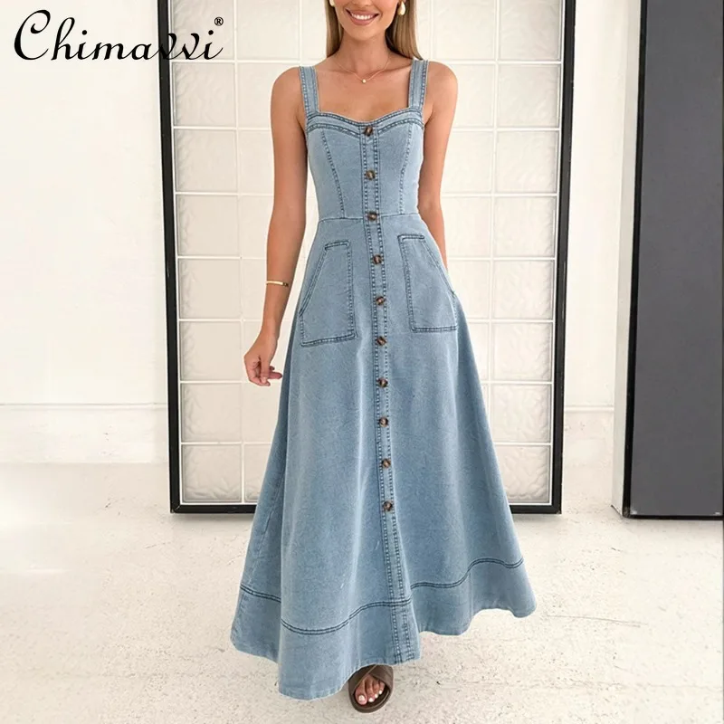 2025 European and American New Denim Suspender Backless Pocket Temperament Commuter Medium and Long Dress For Women
2025 European and American New Denim Suspender Backless Pocket Temperament Commuter Medium and Long Dress For Women