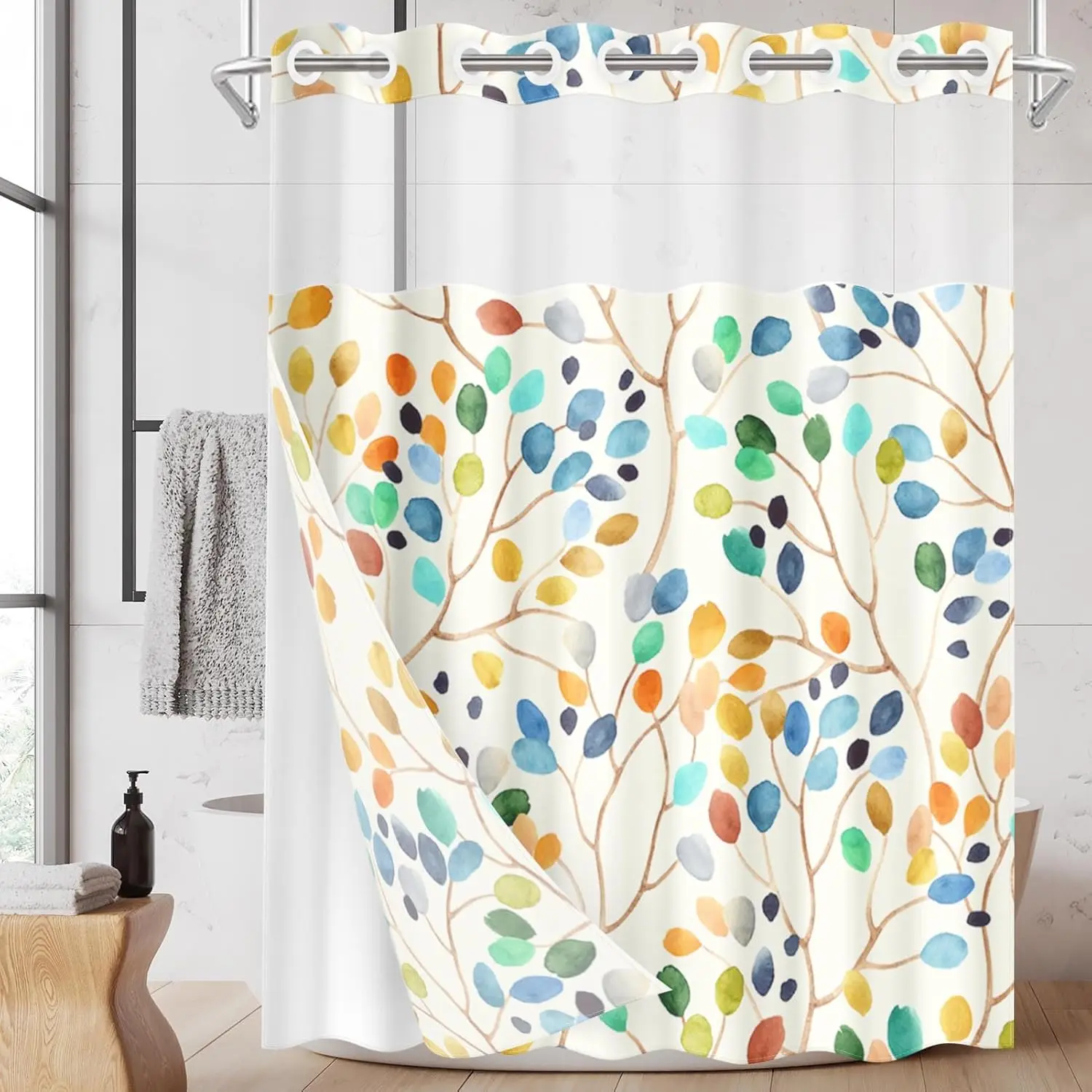 No Hook Colorful Leaves Ivory Shower Curtain with Snap in Fabric Liner Set, Floral Leaf Modern Double Layers Waterproof
No Hook Colorful Leaves Ivory Shower Curtain with Snap in Fabric Liner Set, Floral Leaf Modern Double Layers Waterproof