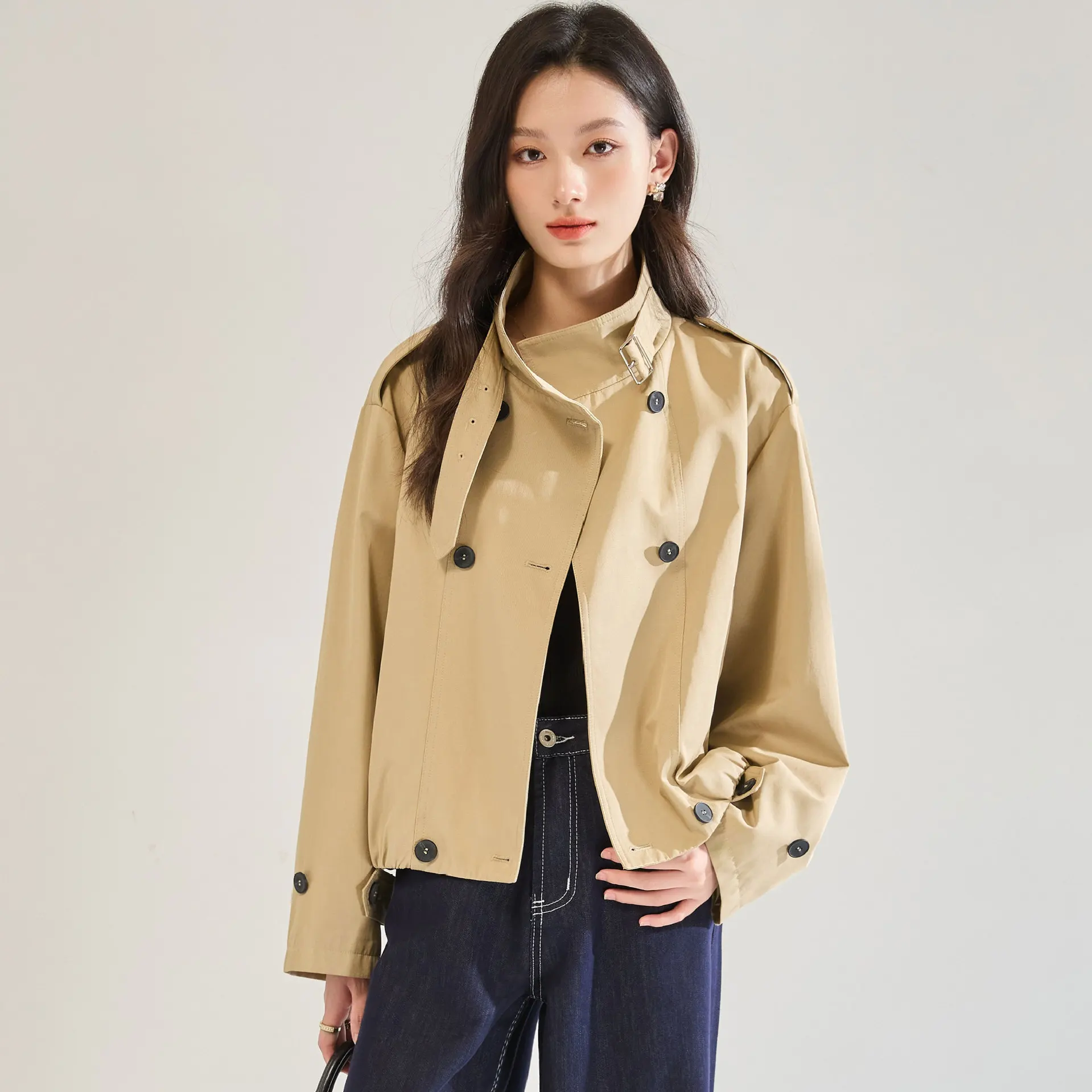 Women Spring Coat Double-breasted Stand-up Collar Short Trench Coat
Women Spring Coat Double-breasted Stand-up Collar Short Trench Coat