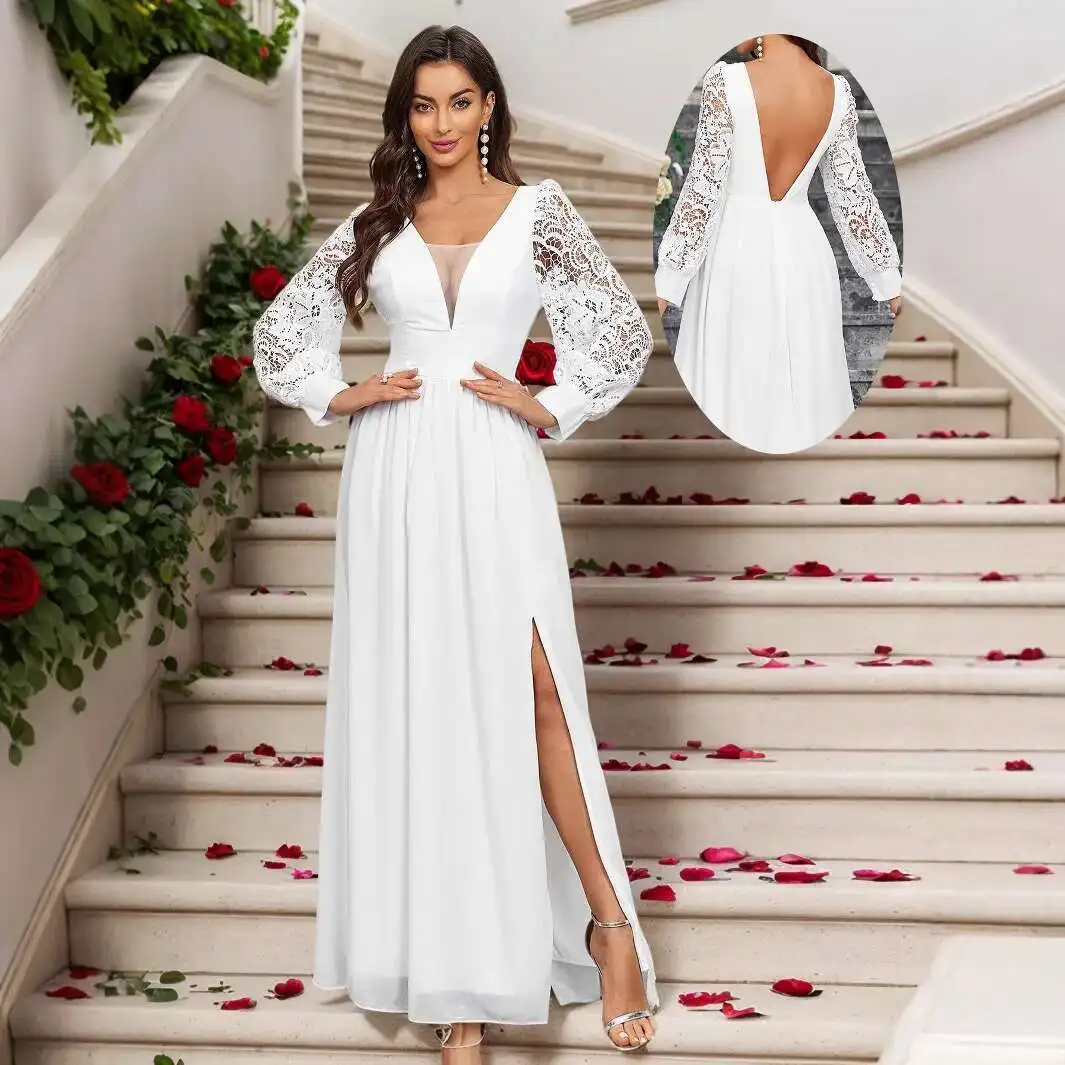 Women's Clothing 2025 New Long Sleeve V-neck Lace Trim Chiffon Backless Wedding Bridesmaid Dress Party Vestido Women Elegant
Women's Clothing 2025 New Long Sleeve V-neck Lace Trim Chiffon Backless Wedding Bridesmaid Dress Party Vestido Women Elegant