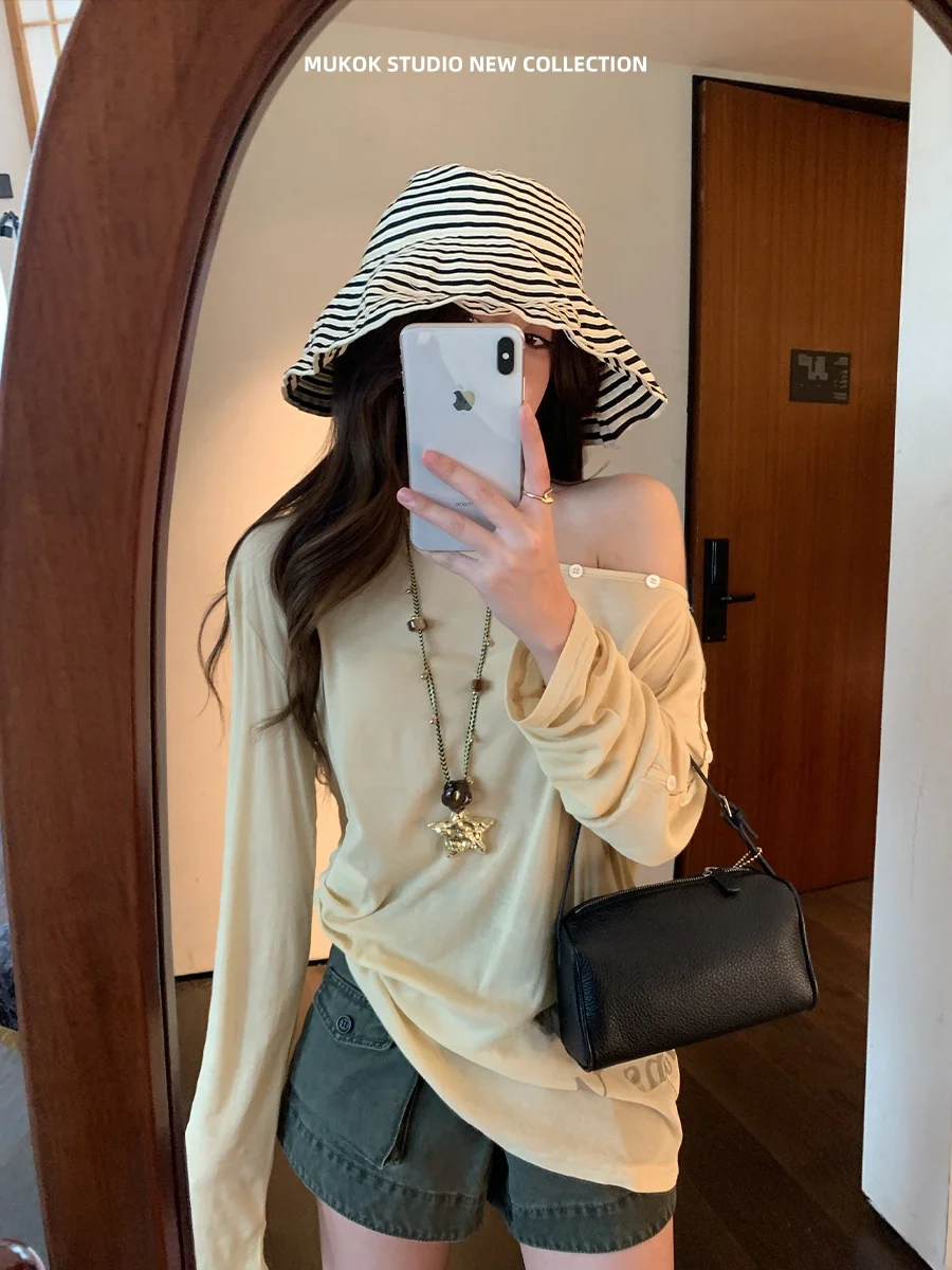 MUKOK Asymmetric Shoulder Long Sleeve T-Shirt Loose Fit Printed Casual Style Women's Cotton Top Summer Season Daily Wear
MUKOK Asymmetric Shoulder Long Sleeve T-Shirt Loose Fit Printed Casual Style Women's Cotton Top Summer Season Daily Wear