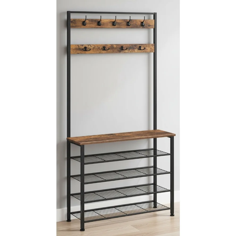 Промышленное дерево для прихожей с скамейкой, 5-уровневое хранилище для обуви и 9 крючков для организации прихожей, коричневый и черный в деревенском стиле
Промышленное дерево для прихожей с скамейкой, 5-уровневое хранилище для обуви и 9 крючков для организации прихожей, коричневый и черный в деревенском стиле