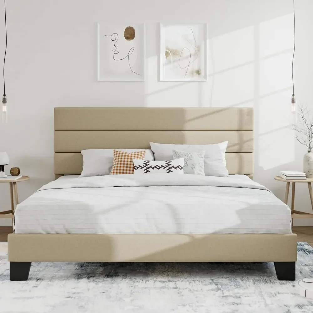 King Platform Bed Frame with Upholstered Fabric Headboard, Mattress Foundation with Strong Wooden Slats Support|
King Platform Bed Frame with Upholstered Fabric Headboard, Mattress Foundation with Strong Wooden Slats Support|
