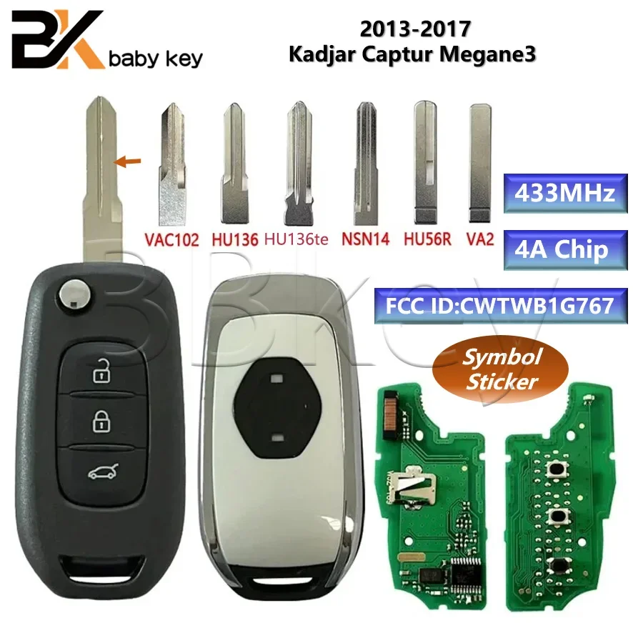 Ключ BB для Renault 2013-2017 Kadjar Captur Megane3 433 МГц 4A чип FCC ID: CWTWB1G767 3 кнопки VAC102 лезвие дистанционного ключа
Ключ BB для Renault 2013-2017 Kadjar Captur Megane3 433 МГц 4A чип FCC ID: CWTWB1G767 3 кнопки VAC102 лезвие дистанционного ключа