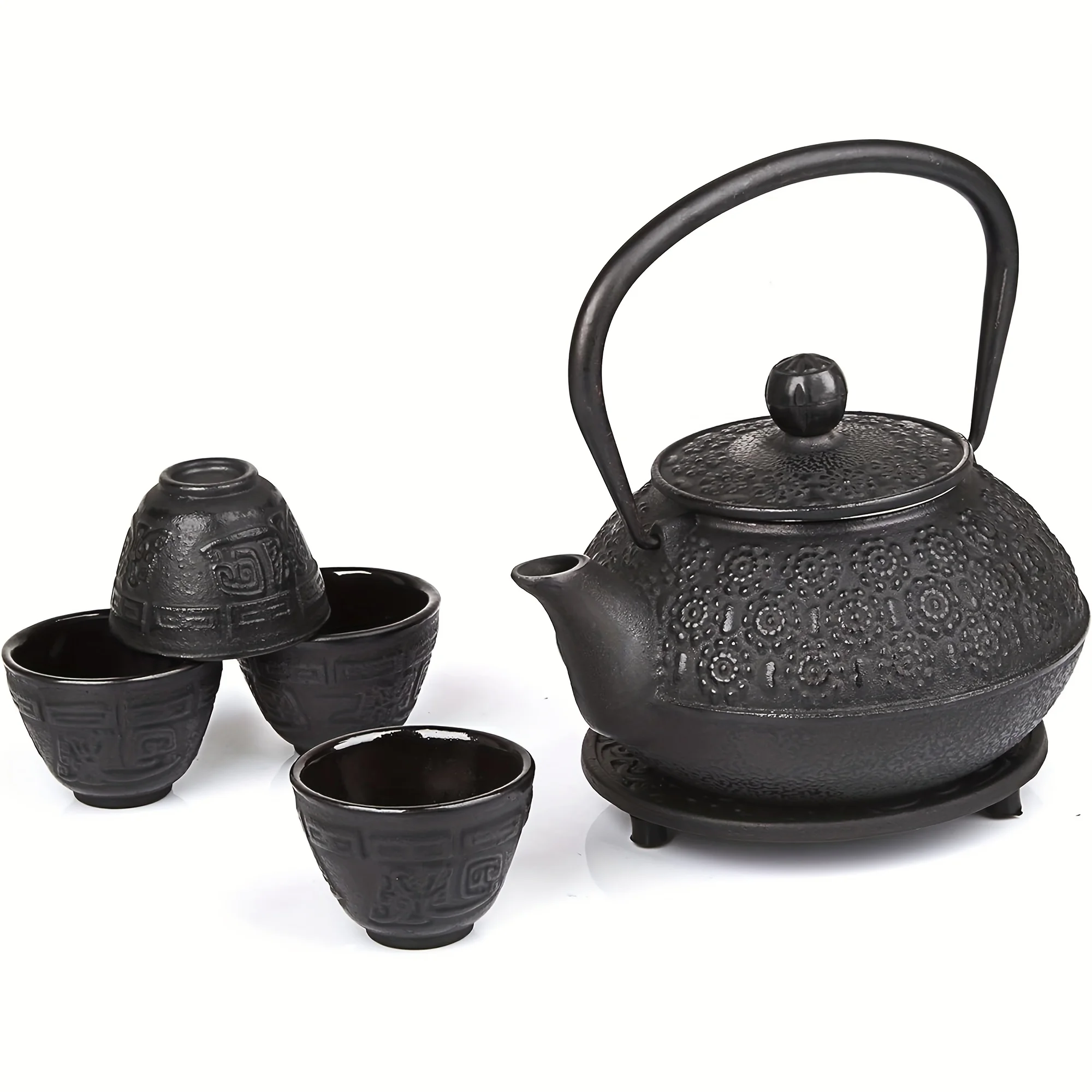 Japanese Black Cast Iron Teapot (30oz/ 900ml) with 4 Tea Cups (2oz Each), Leaf Tea Infuser, And Trivet - 6pcs Set
Japanese Black Cast Iron Teapot (30oz/ 900ml) with 4 Tea Cups (2oz Each), Leaf Tea Infuser, And Trivet - 6pcs Set