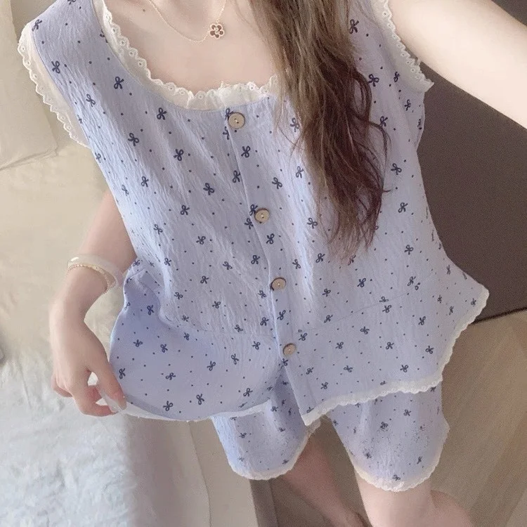 Korean Style Summer Knot Sleeveless Shorts Nightgown Women's Cloud Cotton Sweet Outdoor Home Clothes Set
Korean Style Summer Knot Sleeveless Shorts Nightgown Women's Cloud Cotton Sweet Outdoor Home Clothes Set