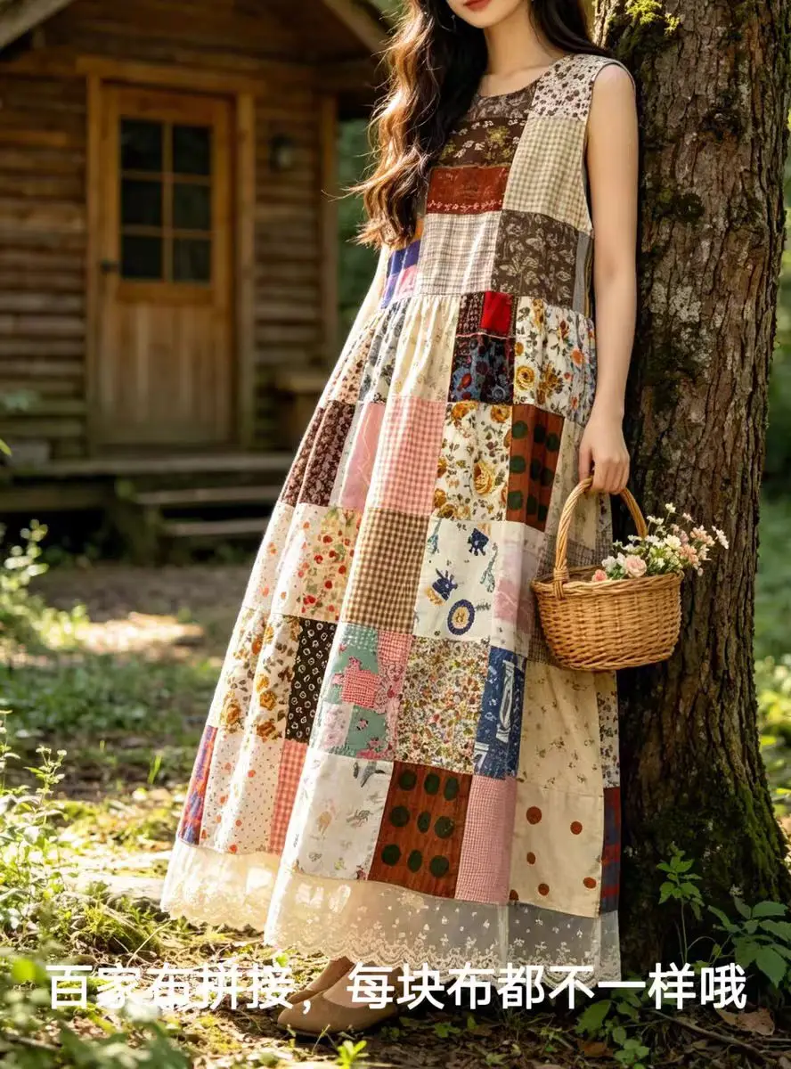 Summer Vintage Patchwork Floral Plaid Dress Sleeveless Full Skirt Cotton A-Line Dress for Women
Summer Vintage Patchwork Floral Plaid Dress Sleeveless Full Skirt Cotton A-Line Dress for Women
